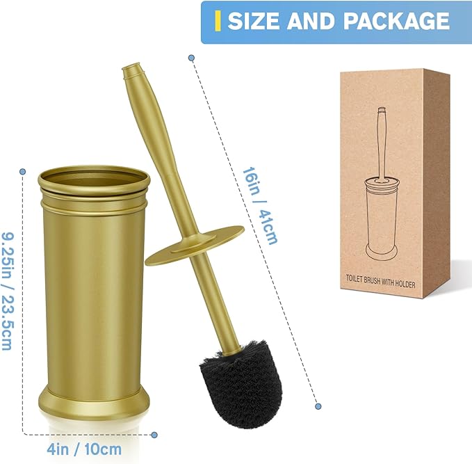 UPTRONIC Toilet Brush, Aluminum Alloy Toilet Brush and Holder Set with Long Handle Durable Bristles Toilet Bowl Brush and Covered Holder for Toilet Scrubber for Bathroom Cleaning (2, Gold)