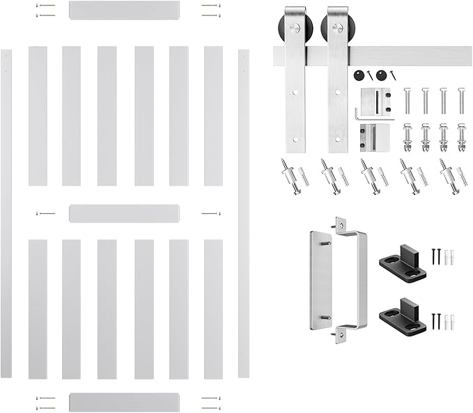 40''x84'' Sliding Barn Door with 7 Ft Brushed Nickel Hardware Kit& Handle& Floor Guides,Pre-Drilled Holes Easy Assembly - Include Installation Manual, Water-Proof PVC Surface, H-Frame