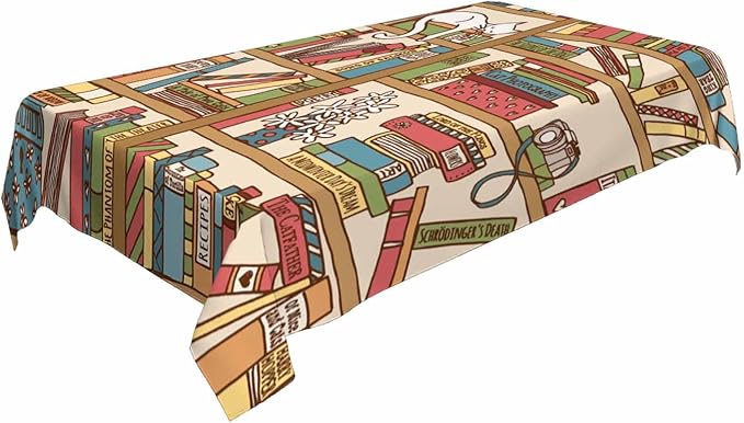 Books on Bookshelf Rectangular Tablecloth Cute Sleeping Cat Kitten in Library Brown 52x70 Table Cloth for Wedding Party Banquet,Dining Kitchen Table Cover