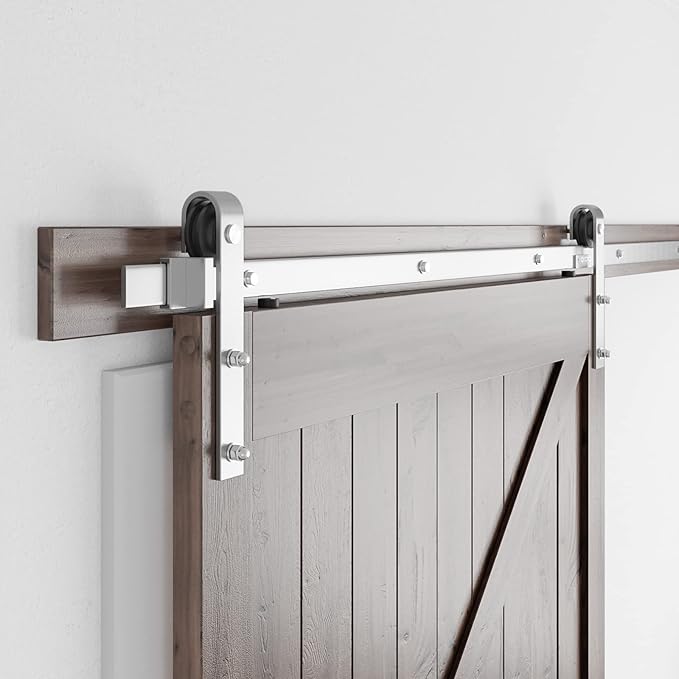 SMARTSTANDARD 8 Feet Brushed Nickel Barn Hardware Kit-Heavy Duty Sliding Track-Smoothly and Quietly-Easy to Install-Fit 42"-48" Wide Door Panel (J Shape Hanger)