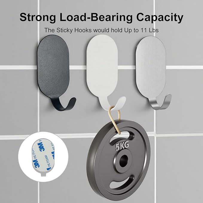 Stainless Steel Hooks, 10 Pcs Command Hooks Wall Mount Hanger, Drill Free No Damage, 11 Lbs Capacity, Silver