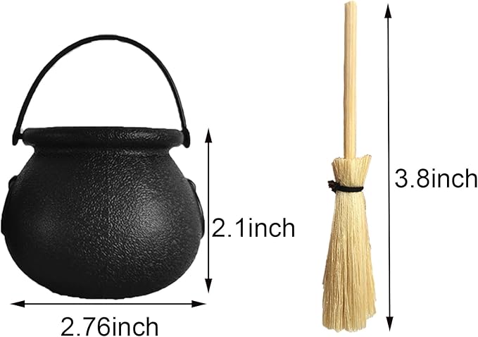 Mini Plastic Cauldron and Mini Broom Halloween Decorations Witch Pot Black Buckets for Halloween Party Birthday St.Patrick's Day, DIY Crafts Accessories (6Pcs Black Buckets+6Pcs Broom Sticks）