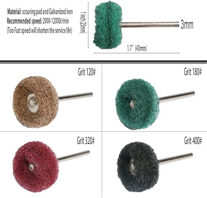 50PCS Abrasive Buffing Polishing Wheel Set for Rotary Tool,Removal of Rust Deburring on Metal Surface with 3mm Shank,Mini scouring pad Brush Polishing kit(grit 180 Green 50pcs)