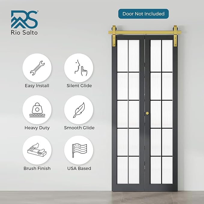 Rio Salto Gold Bifold Sliding Barn Door Hardware Kit Heavy Duty Metal Track System with Matching Knobs Gold Bi-Fold Barn Door Bifold Closet Doors, Bi-Folding 36" Track for 2 Doors, 2 Rollers No Door