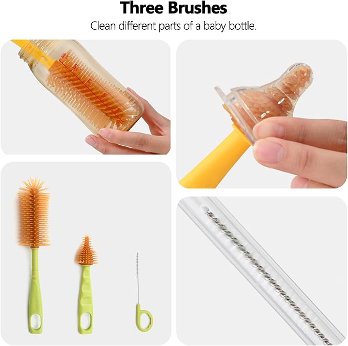 Portable Baby Bottle Brush Kit Premium Silicone Bottle Cleaner Brush, Nipple Brush, Straw Brush, Soap Dispenser, Bottle Drying Rack, and a Storage Organizer Case for Both Home and Travel Uses (White)