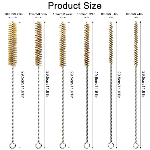 12 Pcs Brass Wire Brush Stainless Steel Wire Brush Set, 12"/30.5cm Long, Round Metal Cleaning Brush Bore Brush for Tubes, Cylinders, Bottle, Narrow Spaces, Auto Parts, 1/4" to 3/4"(6/8/10/15/18/20mm)