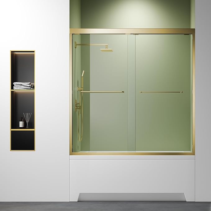 Brushed Gold 56"-60" x 57" Adjustable SGCC/ANSI Certified Tempered Glass Shower Door for Bathtub,Leak-Proof Sliding Reversible Design Tub Door for DIY-Friendly Remodel with Stainless Steel Handles