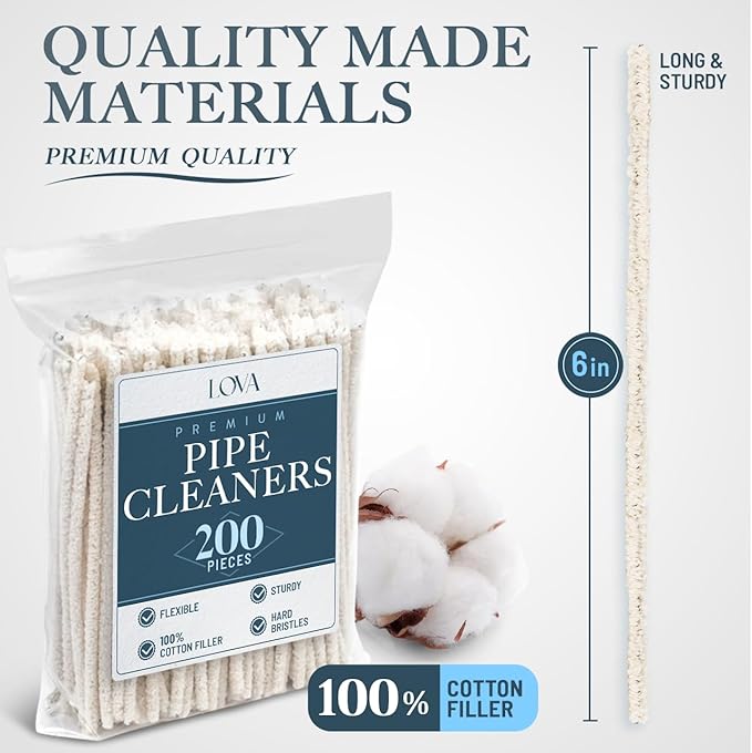LOVA Hard Bristle Pipe Cleaners, 200 Count (6 in) – 100% Cotton, Flexible Steel Wire Core, Sharp Plastic Bristles – Deep Clean Tobacco Pipes, Glass Pipes, Straws & Narrow Tubes