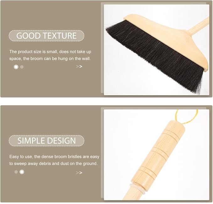 Mikikit Horsehair Broom with Long Handle Soft Pine Bristles Anti-Static Home Broom for Hardwood Floors Carpets Indoor Cleaning