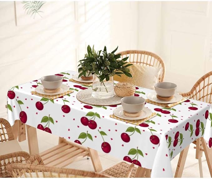 Red Cherry Table Cloth Rectangle Table Sweet Red Ripe Cherries Green Leaves 52x70 Tablecloths Decorative for Dining Kitchen Banquet Picnic Party