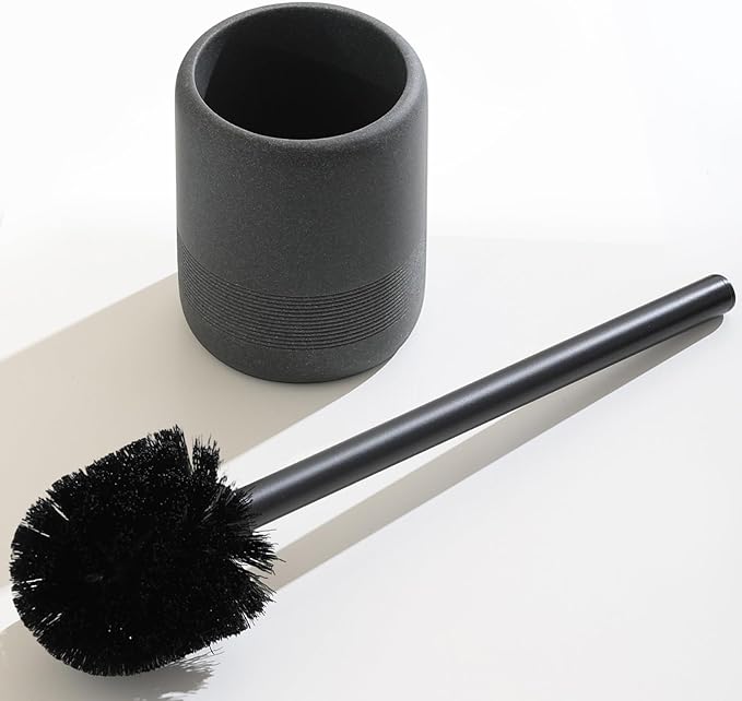 Toilet Brush and Holder Set, 2 PCS Decorative Toilet Bowl Brush and Holder Set Bathroom Aceessories Toilet Scrubber Brush Set with Heavy-Weight Resin Base with Long Handle (Black)