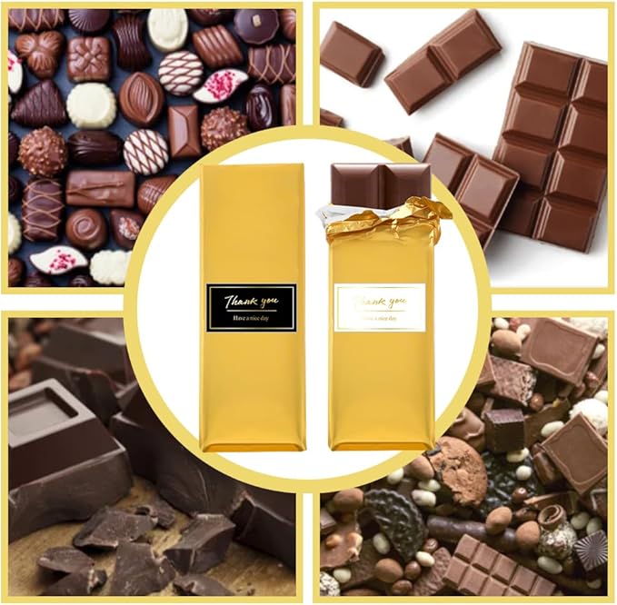 100 PCS Chocolate Bar Foil Wrappers, 11 x 7.9 Inch Aluminum Foil Candy Wrappers with 120PCS Thank You Stickers, Chocolate Bar Packaging Papers for Gift Wrapping, Gold