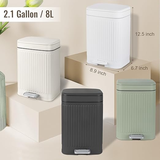 rejomiik Small Bathroom Trash Can with Lid 2.1 Gallon Soft Close Step Slim Garbage Can Waste Bin for Office, Bedroom, Kitchen, Light Green