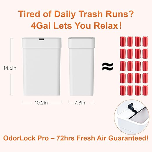 Gallon Motion Sensor Bathroom Trash Can with Lid, Automatic Garbage Bin for Bathroom, Slim Plastic Narrow Bedroom Trash Bin Garbage Can, 15L