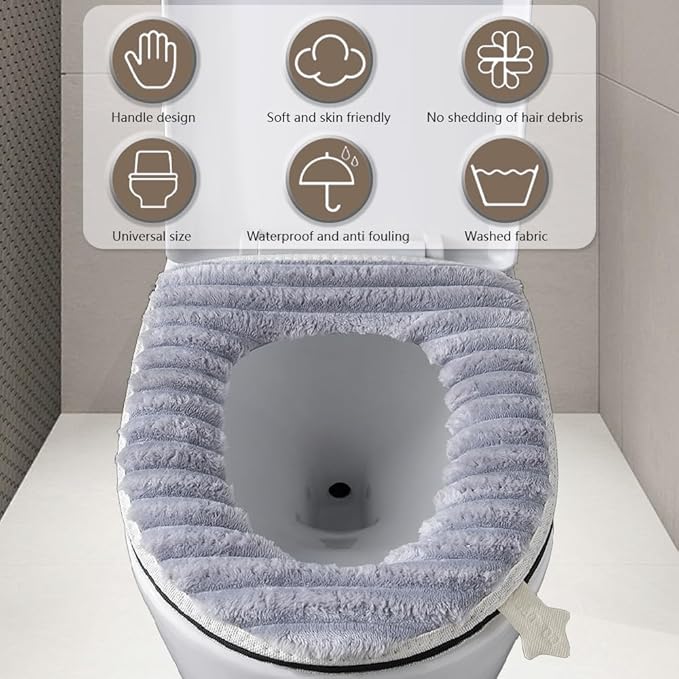 Toilet Seat Warmer Cover,Bathroom Soft Thicker Warmer with Zipper Snaps Fixed Stretchable Washable Fiber Cloth Toilet Seat Covers Pads Easy Installation& Cleaning (Green)