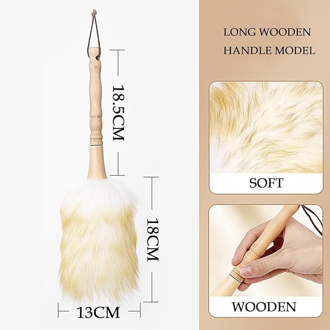 Wool Duster, Long Handle Duster, Wool Lambswool Cleaning Brush Duster, Wool Feather Duster with Solid Wooden Handle for Universal Instrument (Long Handle)