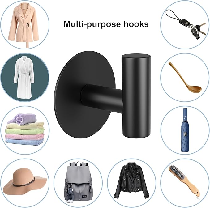 Self-Adhesive Coat Hooks, Stainless Steel Heavy Duty Wall Hooks, Towel Hooks for Hanging Robes, Aprons, Coats and Hats in Bathrooms,Kitchens and Hotels(2 Pack, Black)