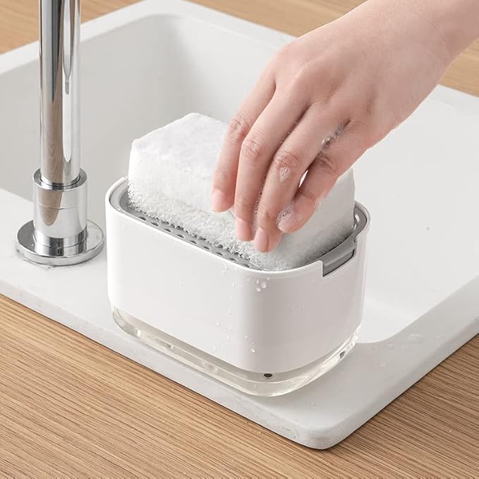 Kitchen Dish Soap Dispenser with Sponge Holder, 2-in-1 Countertop Soap Pump Dispenser, Soap Dispenser for Kitchen Sink with 2-Packs Wire Dishwashing Rag,White