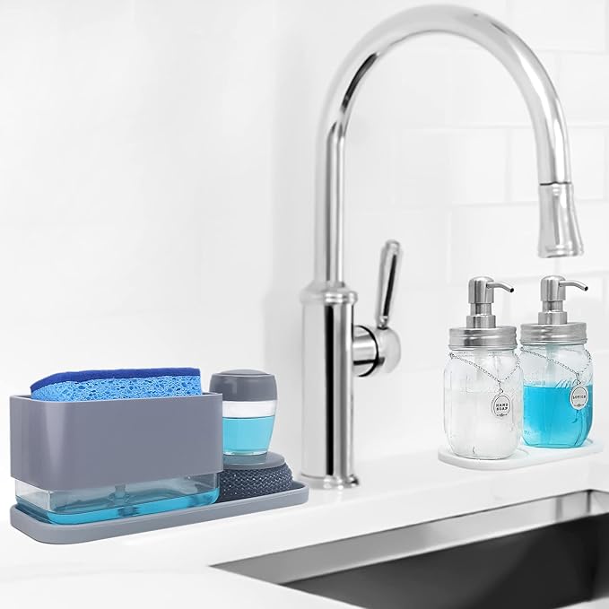 Dish Soap Dispenser with Sponge Holder -Dishwashing Soap Pump Dispenser for Kitchen Sink, 4-in-1 Countertop Soap Pump Dispenser wiht Brush Head, Silicone Sink Tray, Cleaning Sponges