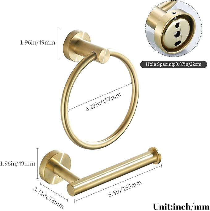 Toilet Paper Holder Towel Ring Brushed Gold Bathroom Hardware Hand Towel Holder Bathroom Accessories Set Wall Mount Stainless Steel 2 Pieces
