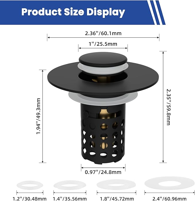 Universal Bathroom Sink Drain Strainer Hair Catcher 2PCS Upgraded with Removable Stainless Steel Filter Basket, 3 in 1 Pop Up Sink Stopper for 1.1''~2.36'' Sink Basin Hole, Matte Black