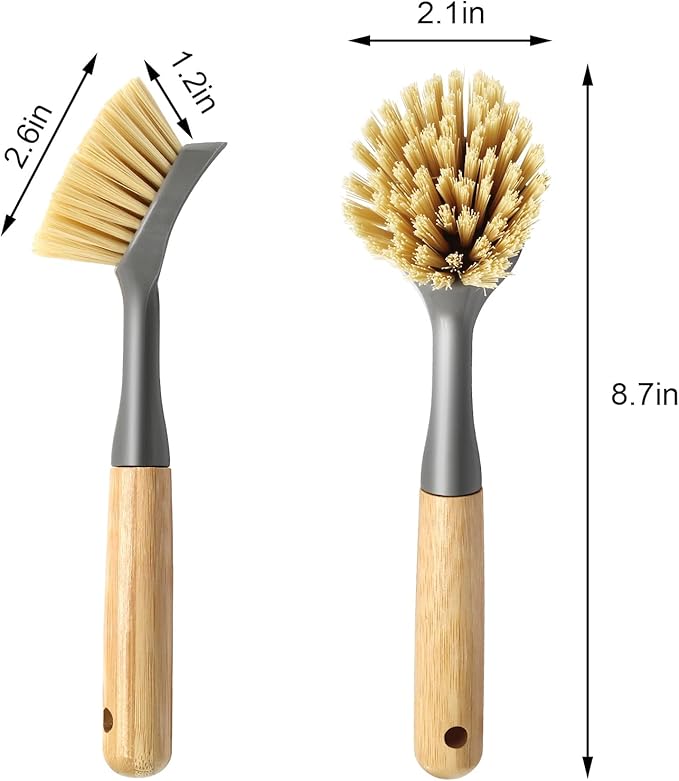 2 Pcs Kitchen Scrub Brush with Bamboo Handle, Dishwashing Brush Built-in Scraper, Dish Scrubber for Kitchen Cleaning, Pots, Pans, Sink, Counter and Cast Iron Cookware