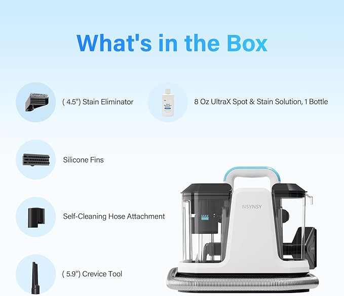 Portable Carpet & Upholstery Spot Cleaner, Compact Strong-Suction Machine with Scrubbing Brush, Removes Pet Stains, Spills & Dirt from Sofas, Stairs, Rugs, Mattresses & Car Interiors