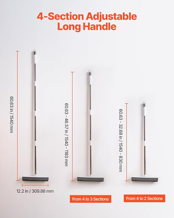 VEVOR Pet Hair Removal Broom, 58.46 in Adjustable Long Handle, Rubber Broom with Built in Squeegee Reusable Dog Cat Hair Remover, for Couch Furniture Hardwood Floor Tile