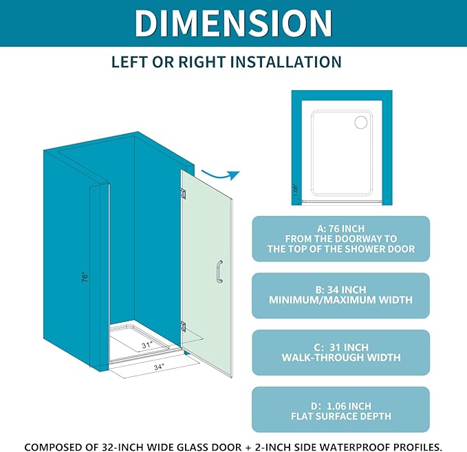 Framelss Hinged Shower Door, 34" W x 76" H Single Swing Pivot Shower Door, 3/8" (10mm) Tempered Glass with Nano Coating, Stainless Handle, Glass Door for Walk-in Shower - Brushed Nickel