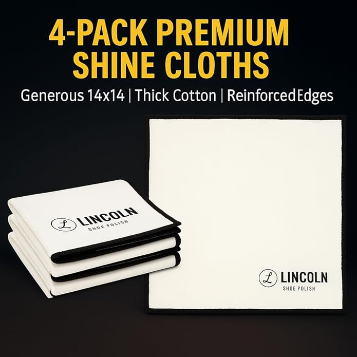 Lincoln Shoe Polish 4-Pack Shoe Shine Cloths – Heavyweight 14×14 Premium Cotton Polish & Buffing Cloth for Shoes, Leather, Boots – Reusable, Stitched Edges for Mirror Finish