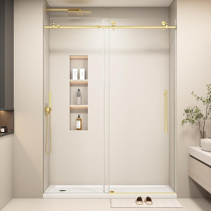 55-60” W x 76" H Single Sliding Shower Door, Frameless Shower Door with Explosion-Proof Film and Nano Coating, 1/4” (6MM) SGCC Tempered Glass, Stainless Steel Hardware, Brushed Gold
