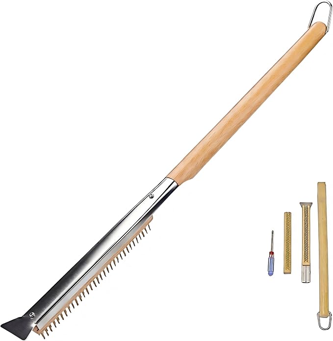 Thornfield 26” Pizza Oven Brush with Scraper - Heat Resistant Brass Bristles, Extra Long Handle - Compatible with Ooni Ovens, Outdoor Ovens, BBQ Tools, Baking Stones and Griddles- Includes Spare Head