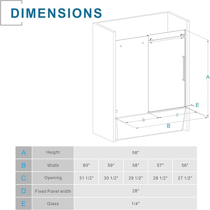 Frameless Sliding Bathtub Door 60" W x 58" H, 1/4" Clear Tempered Glass, Reversible Installation, Stainless Steel Hardware, Matte Black Finish, Space-Saving Glass Tub Shower Door for Bathrooms