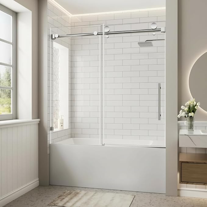 Frameless Bathtub Shower Doors 56-60" W x 60" H, 5/16" Tempered Glass Sliding Shower Door for Bath Tub with Explosion-Proof Film and Nano-Coating, Stainless Steel Components in Chrome