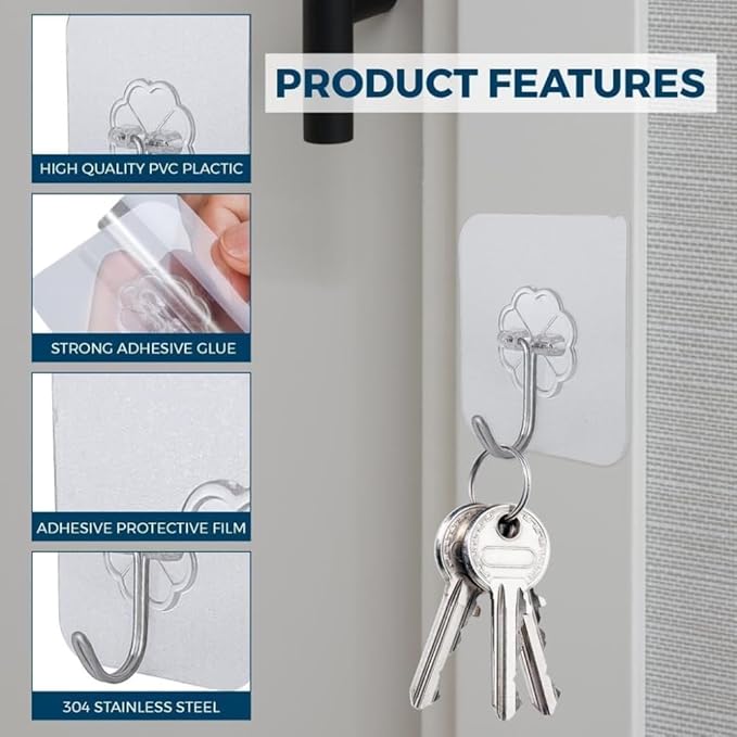 24 PCS Self Adhesive Hooks for Hanging - 33lbs Max, Transparent Stick on Hooks for Coat & Towel - Sticky Hooks for Hanging Heavy Duty Picture, No Damage Wall Hook for Bathroom, Kitchen, Ceiling & Key