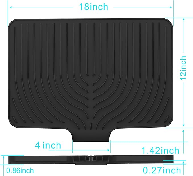 Kitchen Drying Mat for sink with a bulged edge,10"14"18"20"Silicone Dish Drying Mat with built-in Drain Spout, Rubber Dish Mat for Kitchen (18"×12"black)
