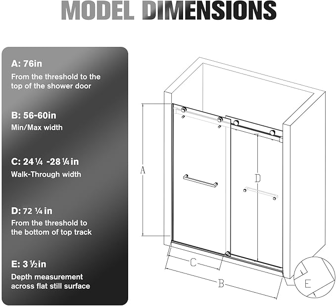 Shower Door 56–60 in W x 76 in H, 3/8" Tempered Glass Double Sliding Shower Door, Frameless Matte Black, Exquisite Rolling Track Design, Reversible Installation for Modern Bathroom