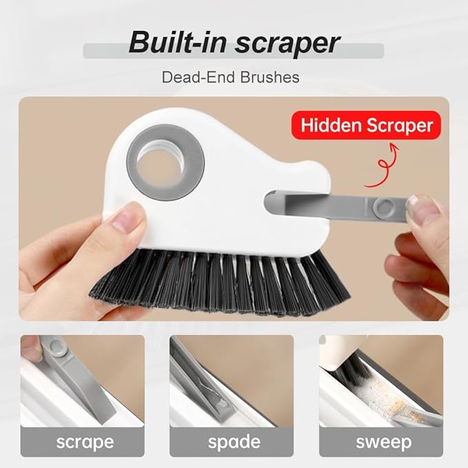 2 in 1 Groove Cleaning Brush, Upgrade Window Track Cleaning Tools, Multifunction Hard Bristle Crevice Cleaning Brush with Hidden Scraper for Sliding Door Track, Window Sill, Window Seal (Gray)