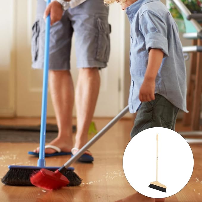 Mikikit Horsehair Broom with Long Handle Soft Pine Bristles Anti-Static Home Broom for Hardwood Floors Carpets Indoor Cleaning
