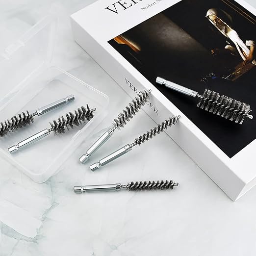 6 Pcs Stainless Steel Bore Brush Set with 1/4" Hex Shank Twisted Wire Bristles, Different Sizes (8, 10, 12, 15, 17, 19mm) for Rust and Tube Cleaning