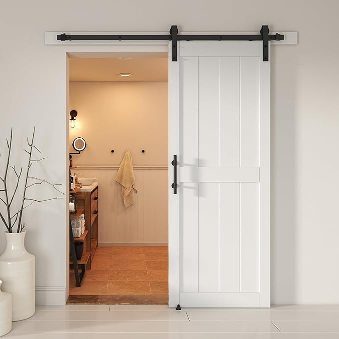 34''x80'' Sliding Barn Door with 6 Ft Barn Door Hardware Kit& Handle& Floor Guides,Pre-Drilled Holes Easy Assembly - Include Installation Manual, Water-Proof PVC Surface, H-Frame, White