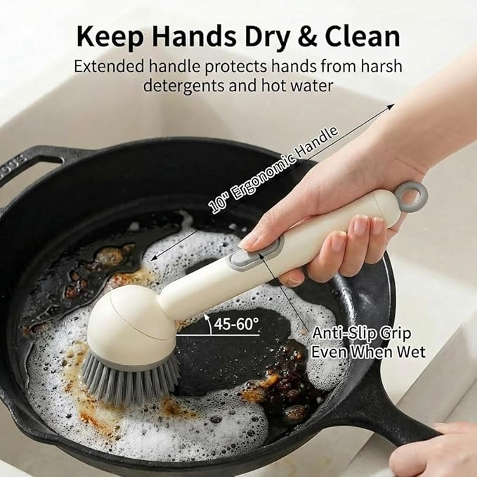 Soap Dispensing Dish Brush Set with 6 Adjustable Angles, No-Leak Kitchen Scrub Brush with Holder & Silicone Scraper, Heavy Duty Dish Wand for Pots, Pans, Sink & Countertop