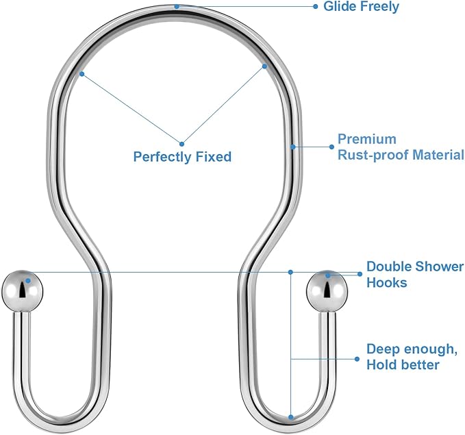 24 Pack Double Shower Curtain Hooks Rings, TENOVEL Double Sided Shower Curtain Hooks Rust Proof for Shower Curtain, Stainless Steel Bathroom Shower Hangers Rings for Shower Rods, Polished Chrome