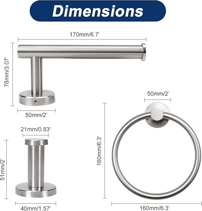 NearMoon 4 Pieces Bath Hardware Set, Include Hand Towel Ring, Toilet Paper Holder and 2 Robe Towel Hooks, Stainless Steel Bathroom Accessories Wall Mounted (Brushed Nickel)