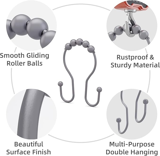 Shower Curtain Hooks, Shower Curtain Rings Rust Proof Double Hook Shower Curtain Hooks, 12 Pcs Grey Shower Hooks for Shower Curtain, Shower Rings for Curtain, Metal Shower Rod Hooks