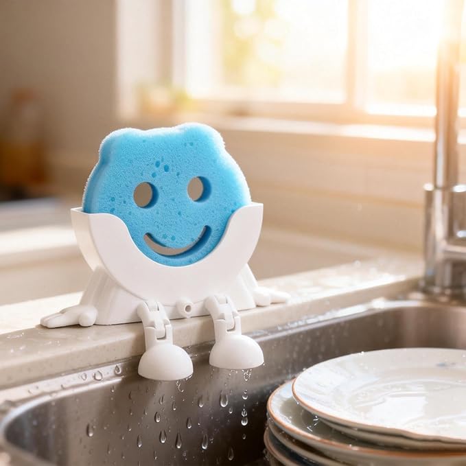 Cute Hanging Sponge Holder,Smiley Face Sponge Holder with Drainage Keeps Your Sponge Dry & Smiling,For Scrub Daddy Holder,Spac-Saving & Quick Drying Sponge Storage Organizer (white)