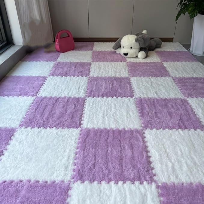 12Pcs Interlocking Carpet Tiles,12"x 12" Plush Interlocking Foam Carpet Tile with Border,Fluffy Play Mat Floor Tiles Thick Padded Squares Foam Tile for Playroom Decor (White+Purple)