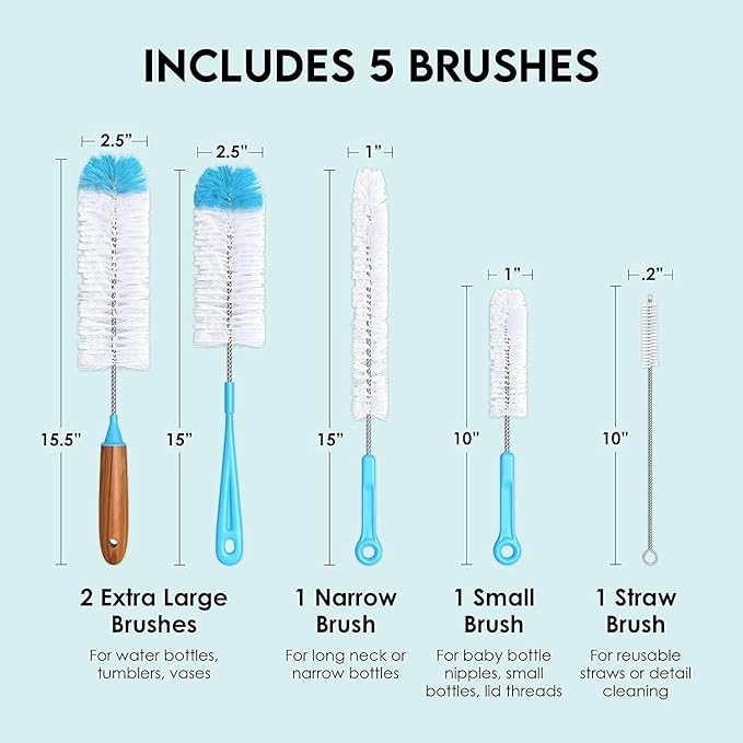 Turbo Microfiber Bottle Brush Cleaner Pack - Set of 5 Bottle Brushes for Cleaning Baby Bottles, Water Bottles, Tumblers, Wine Decanters, Flask, Bong, Vase Cleaner - One Straw Cleaner Brush