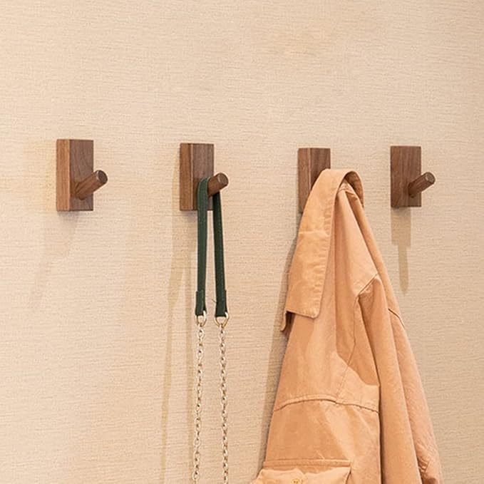 HomeDo 8Pack Adhesive Wall Hooks Hat Rack, Wooden Coat Hooks Wall Mounted, Decorative Hooks Single Organizer Hat Hanger Towel Rack, Heavy Duty Hooks (Rectangle-Walunt,8Pack)