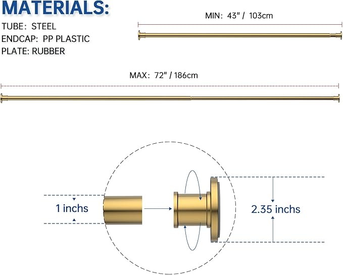 BRIOFOX Industrial Shower Curtain Rod - Rustproof Non-Slip 43-72 Inches Tension Curtain Rod for Window or Bathroom, Sunglow Gold